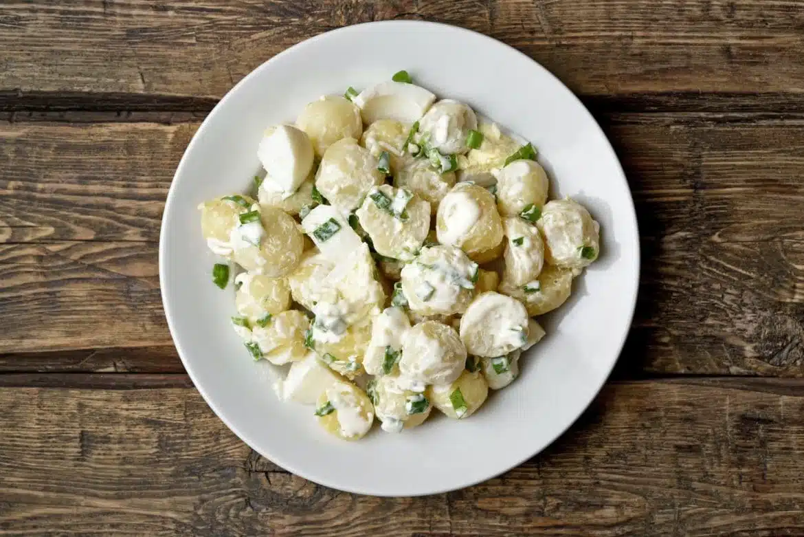 Potato salad with eggs and green onion