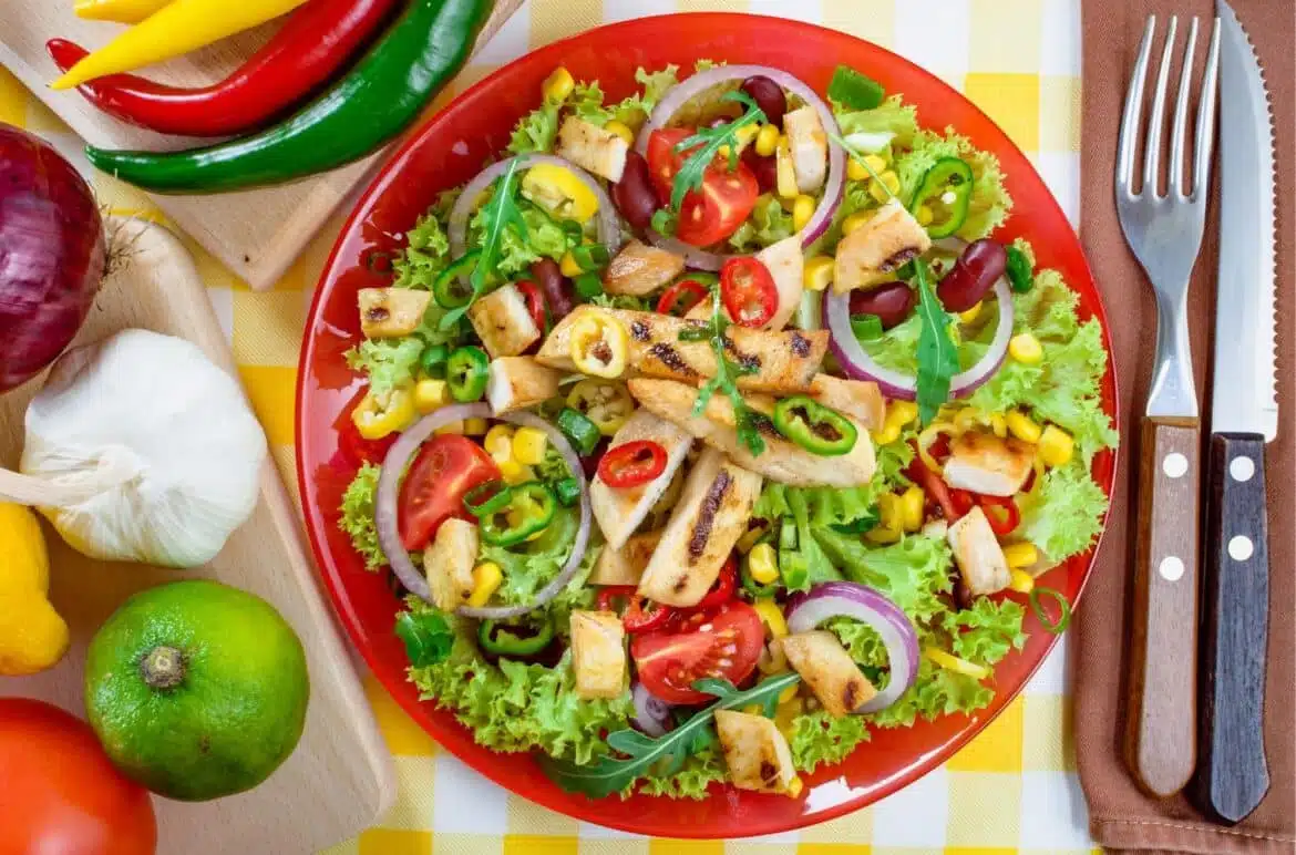Easy Mexican Chicken Salad In A Large Red Plate