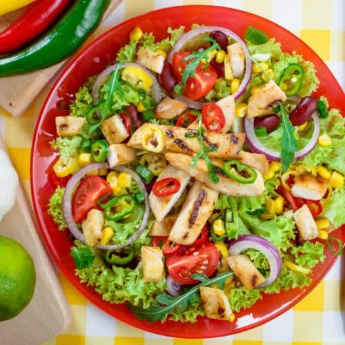 Easy Mexican Chicken Salad In A Large Red Plate