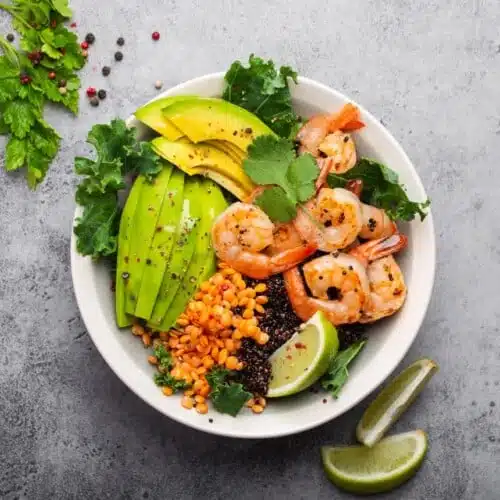 Light, Healthy Shrimp, Lentil And Avocado Salad With Pancetta Vinaigrette