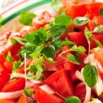 Tuscan tomato salad with slices onions and green leaves