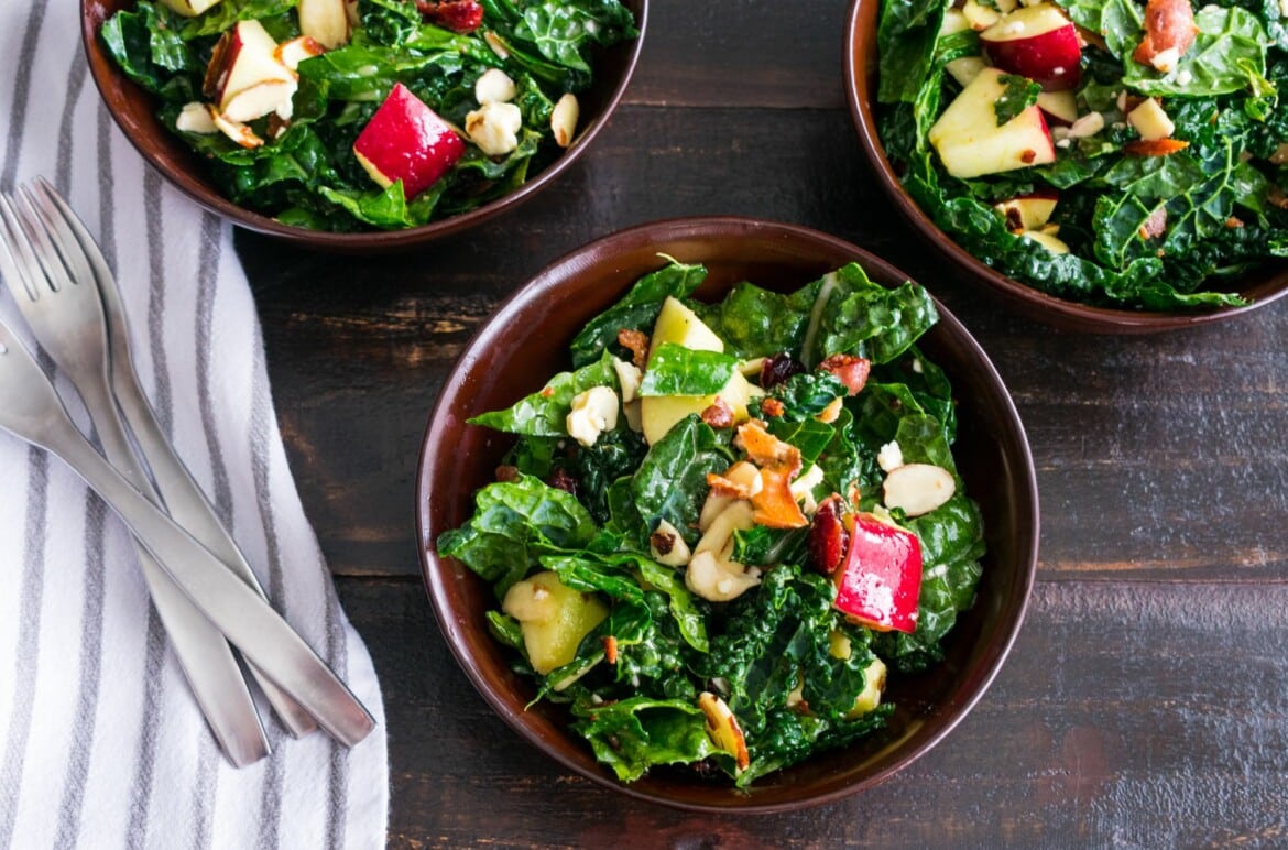 Apple Cranberry Bacon Kale Salad In A Bowl