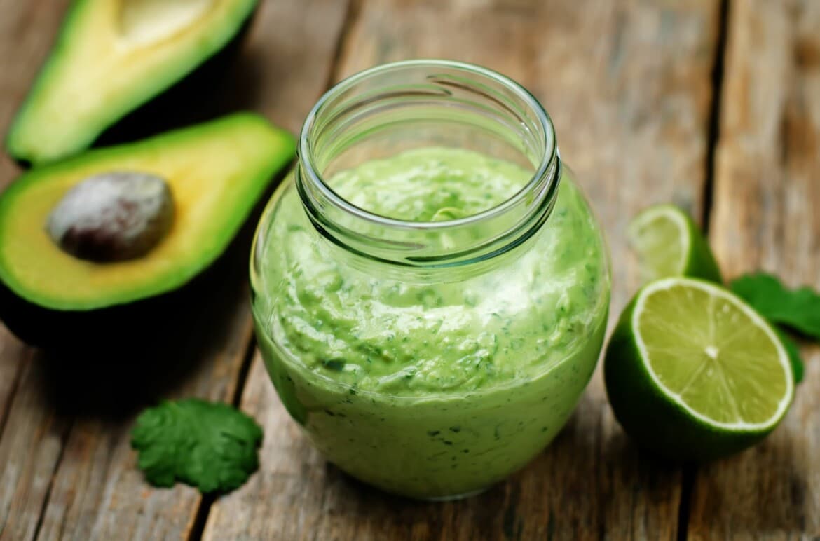 Fresh and Zingy Avocado Cilantro Lime Dressing In a Small Storage Bottle